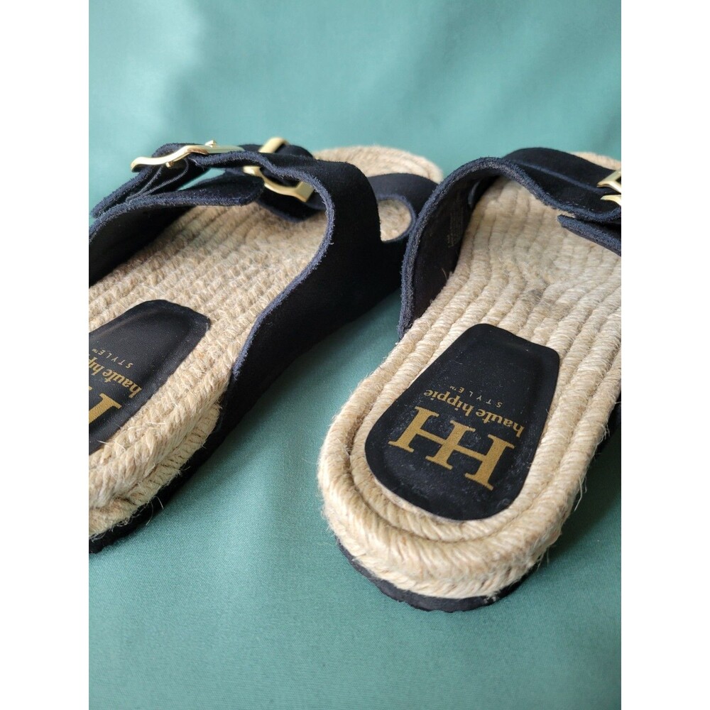 Haute Hippie Black Suede Double Buckle Espadrille Slide Sandals Women's Size7.5M - Picture 10 of 11